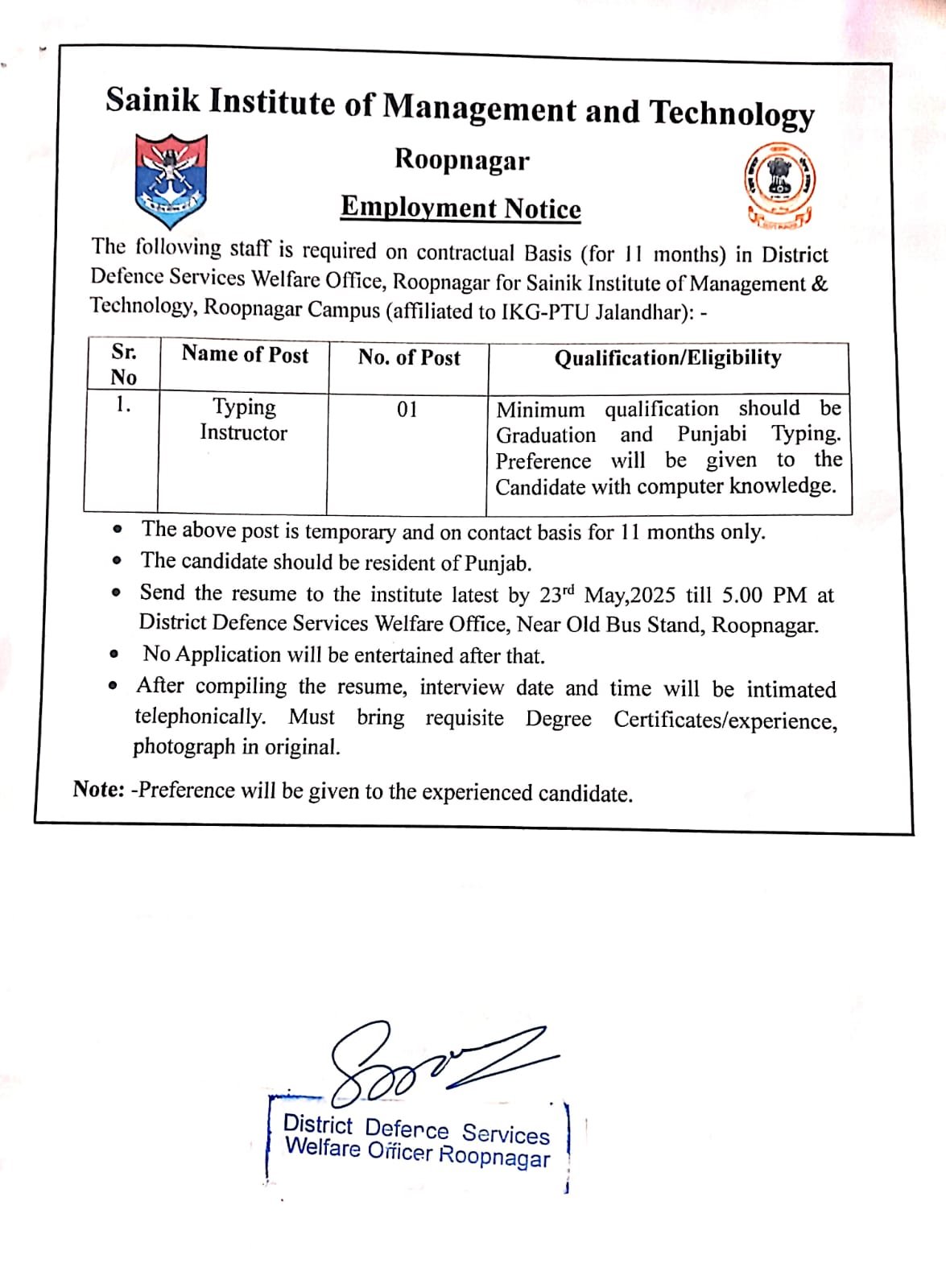 Employment Notice Typing Instructor